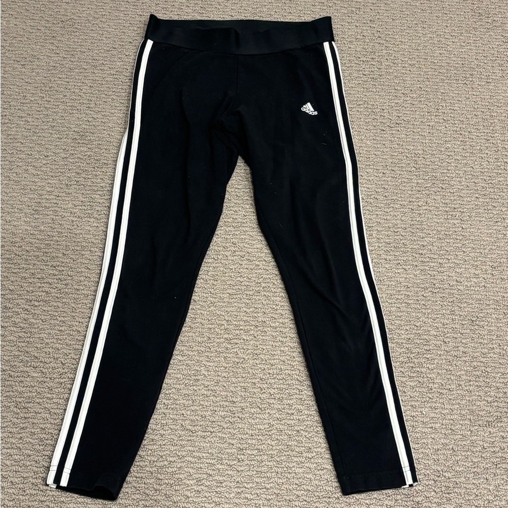 Adidas Women’s Black Leggings with White Stripes - 90’s style